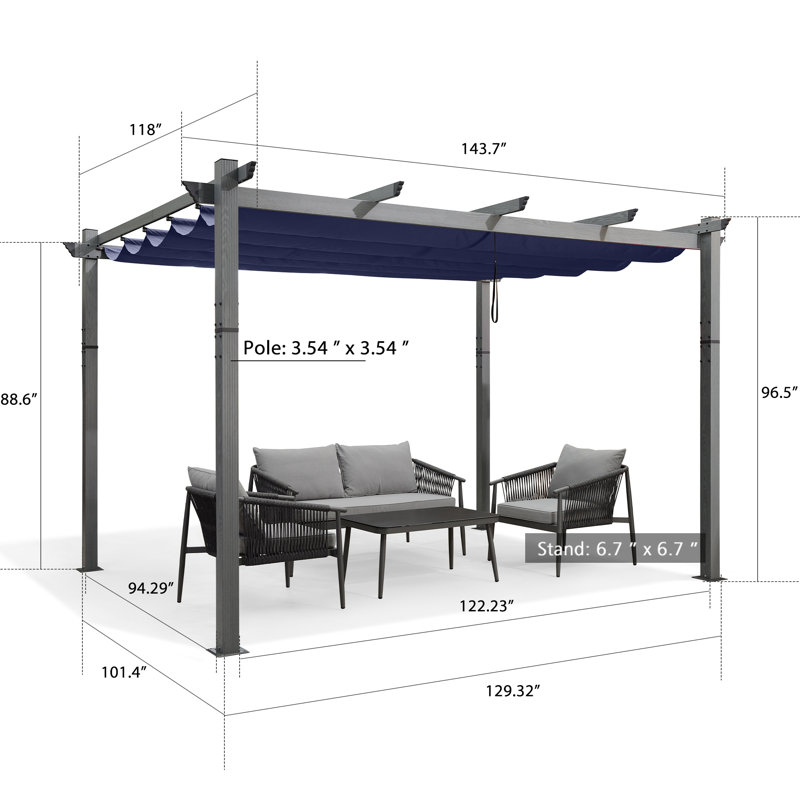 Pergola en aluminium mauve avec auvent, Marine, H 96,5 po x l 143,7 po x P 118 po