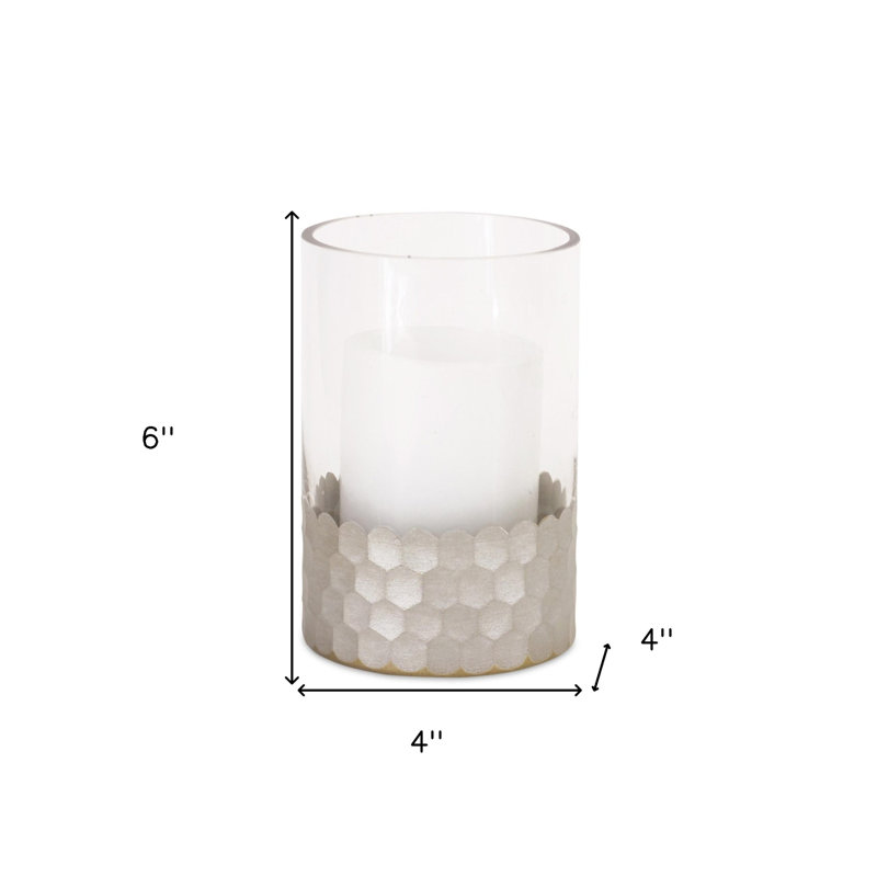 Set of Two Clear and Silver Glass Geometric Tabletop Pillar Candle Holders