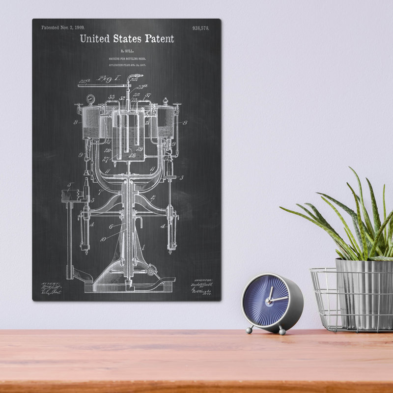 «Beer Bottling Machine Blueprint Vernis Chalkboard», art mural en métal, 16 po x 24 po, H 16 po x l 12 po