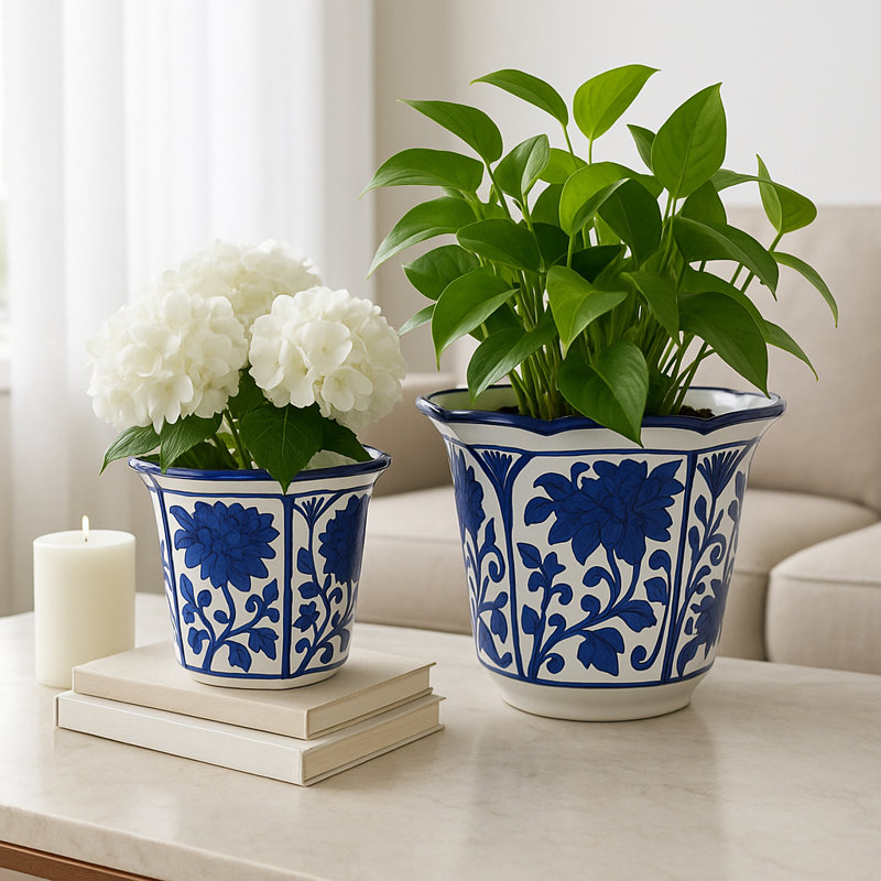 Ensemble de 2 pots à fleurs cannelés en céramique, exquis bleu et blanc, parfaits pour la décoration intérieure