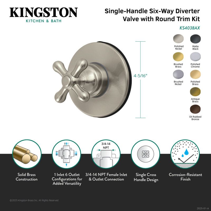 Valve de dérivation à six poignées à une poignée Kingston Restoration, Laiton poli