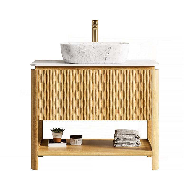 Meuble-lavabo 36 po, meuble de rangement autoportant en contreplaqué avec 2 portes en bambou texturé et tablette ouverte, lavabo en céramique à motif marbré et plateau en pierre frittée blanc de Carrare, couleur grain de bois