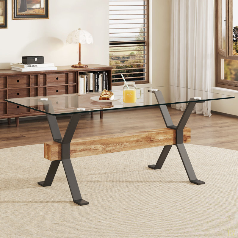 Dining table. Modern tempered glass dining table. Large modern office desk with metal legs and MDF crossbars, suitable for home and office use. Kitchen 70.9 inches x 35.4 inches x 30 inches