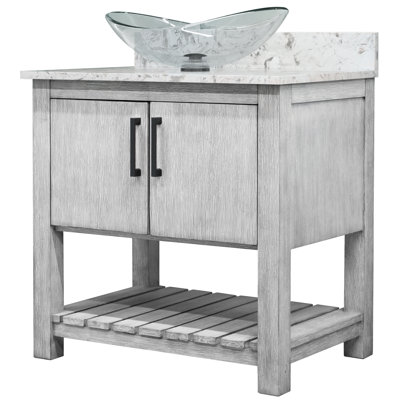 Meuble-lavabo de 30 po avec comptoir en quartz moka, lavabo en verre et quincaillerie noir mat