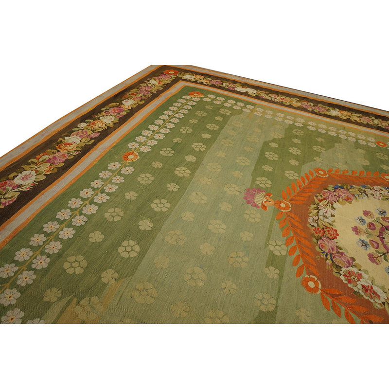 Antique Large Aubusson French Medallion Flat Weave Rug