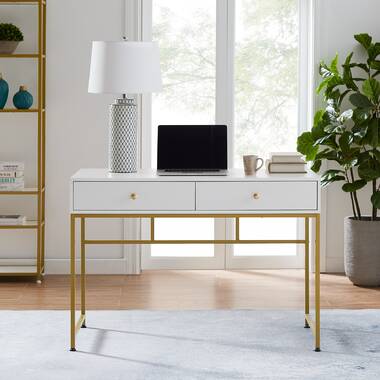 Everly Quinn 41 in Computer Desk With Two Drawers, White and Gold Modern  Study Writing Desk & Reviews