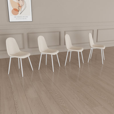 Ensemble de 4 chaises de salle à manger, chaises d'appoint modernes avec siège rembourré en tissu de lin, chaise de cuisine en forme de cuillère avec pieds en métal blancs pour la salle à manger (beige)