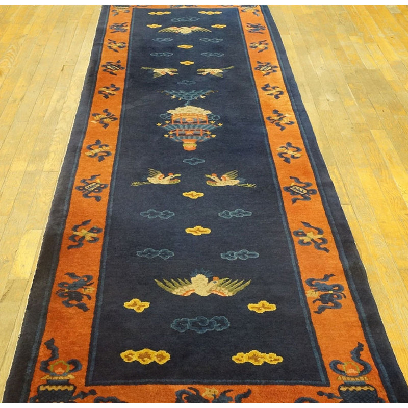 Tapis de couloir antique antique bleu du début du 20e siècle
