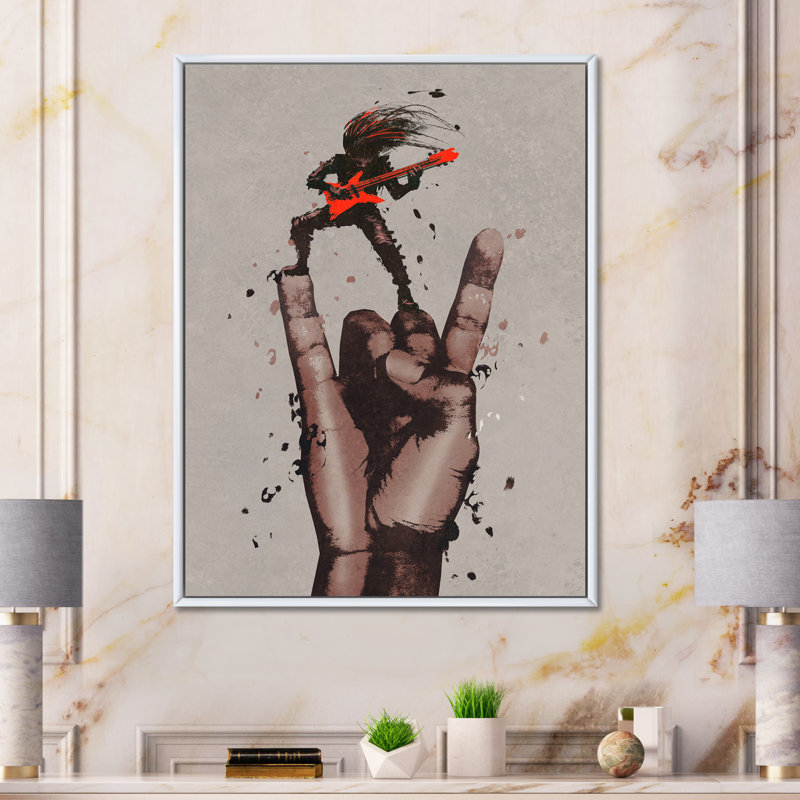 Rock and Roll Sign with Guitarist - Peinture sur toile, H 32 po x l 24 po x P 1 po, Cadre flottant blanc