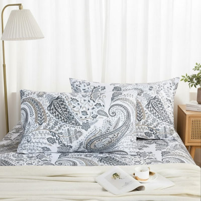 King Size Pillowcases Set of 2, 100% Cotton Pillow Cases, Grey Paisely Boho Pillow Covers, Soft Breathable Natural Pillow Case with Envelope Closure (King, 20"x36")