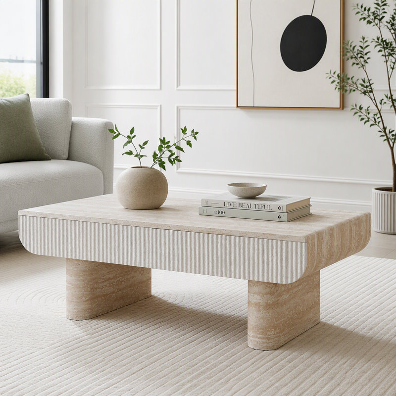 Table basse avec dessus en faux marbre et tiroir cannelé, 46.85"W, Beige-brun