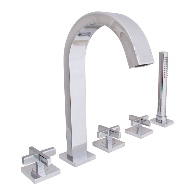 Lura Triple Handle Deck Mounted Roman Tub Faucet with Handshower, Polished Chrome