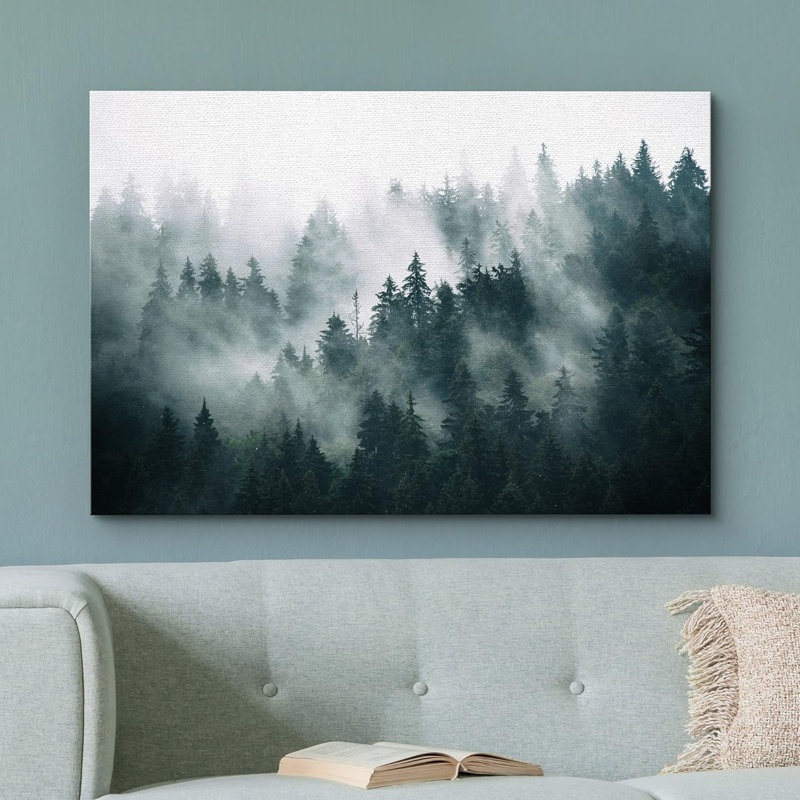 «Green Misty and Fog Forest Nature Landscape», reproduction d'art moderne sur toile encadrée, H 12 po x l 18 po x P 1,5 po