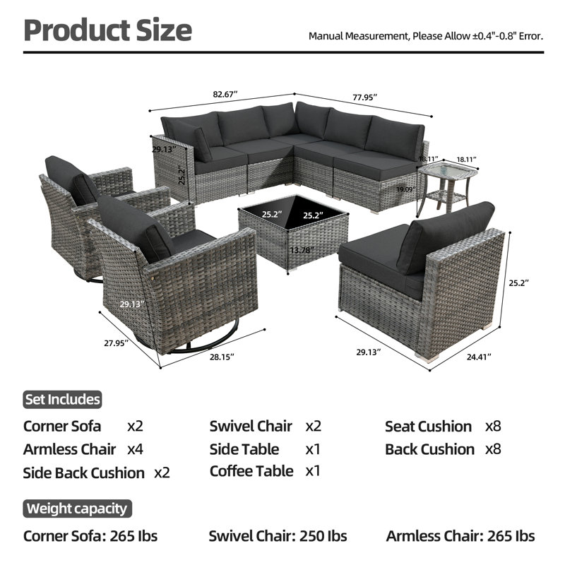 Almeria 8 - Person Modular Patio Conversation Set with Cushions, Black