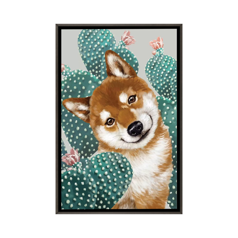 Shiba shiba avec cactus, Toile encadrée de bois rustique foncé, H 26 po x l 18 po x P 1,5 po
