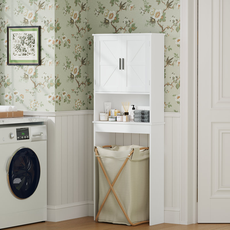 Armoire de rangement blanche au-dessus de la toilette avec tablette réglable, économiseur d'espace de salle de bain autoportant avec portes doubles et organisateur de tablette ouverte