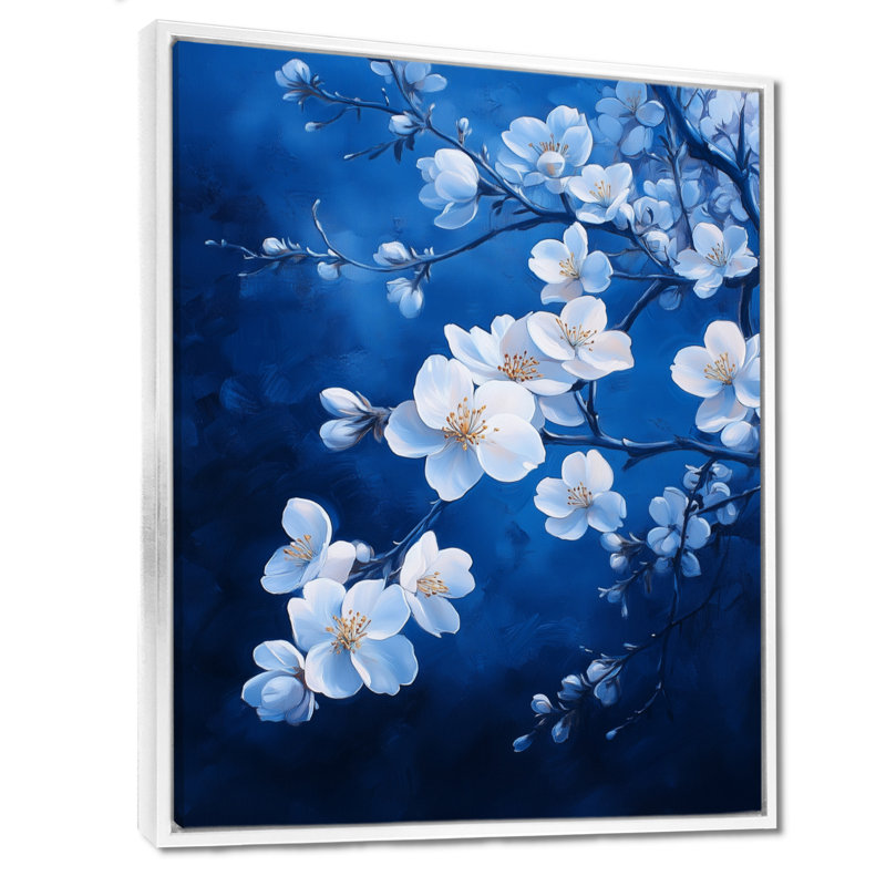 Indigo, fleur de pommier en fleurs, nuit, art mural sur toile florale blanche, H 40 po x l 30 po, Cadre flottant blanc