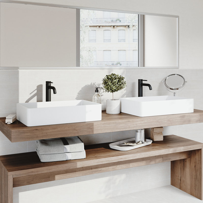 Magnolia 21" L x 14" W x 5" H Rectangular White Matte Stone Vessel Bathroom Sink with 10" H Faucet, Matte Black
