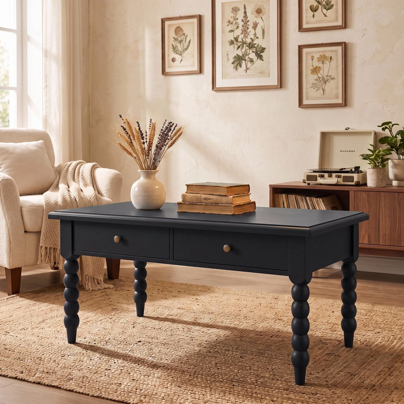 W40" X D22.2" Rectangular Wooden Coffee Table With Storage Drawers, Vintage Cocktail Table With Solid Wood Gourd-Shaped Legs For Living Room