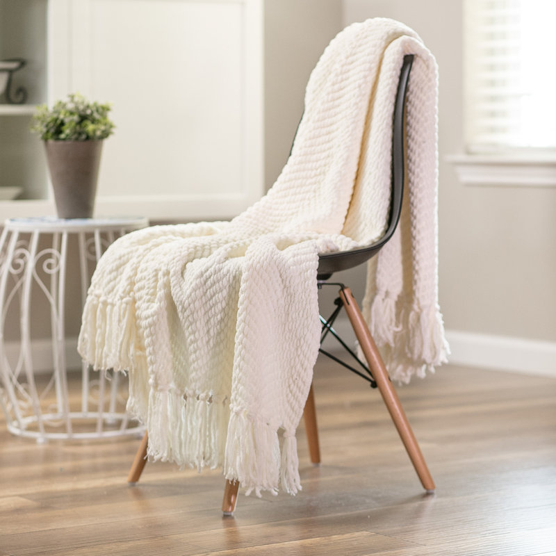  Textured Knitted Throw, Creme, 65" W x 50 L