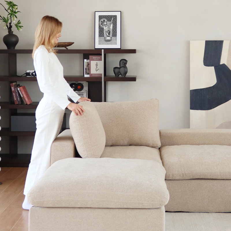 Slipcovered Upholstered Modular Sofa With Ottoman, 29.53" H x 155.9" W x 77.95" D, Khaki