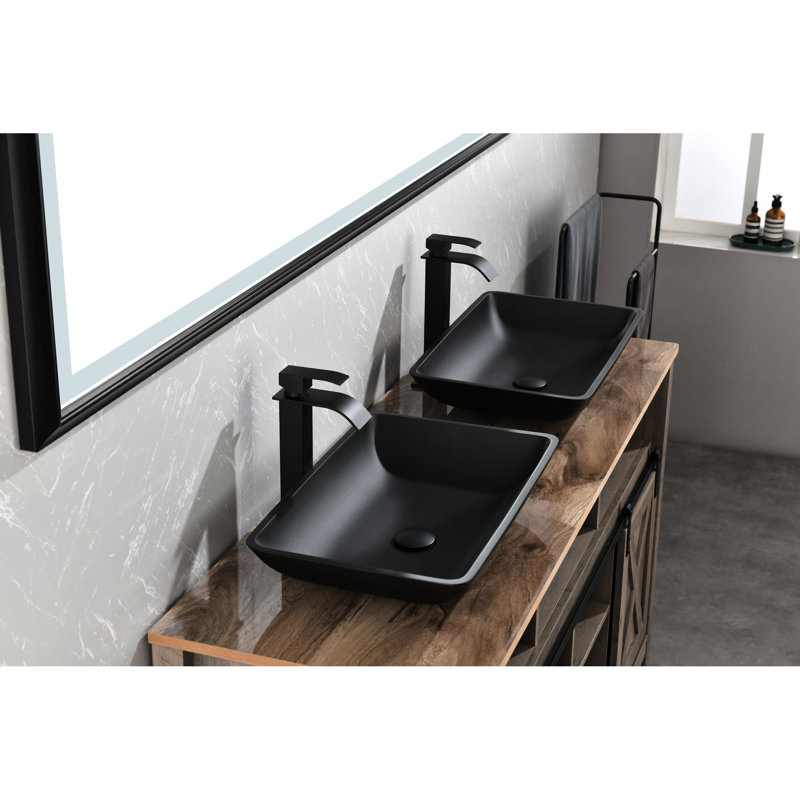 Lavabo de salle de bain noir mat avec ouverture escamotable - L 14,38 po x l 22,25 po, H 3/3 po, vasque rectangulaire en verre et drain 19,79 lb