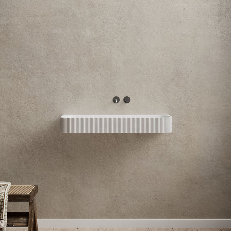 Lavabo de salle de bain mural cannelé à surface solide 35 "x 18" Monblari blanc mat, 35.43"L X 18.11"W X 4.72"H, Matte White