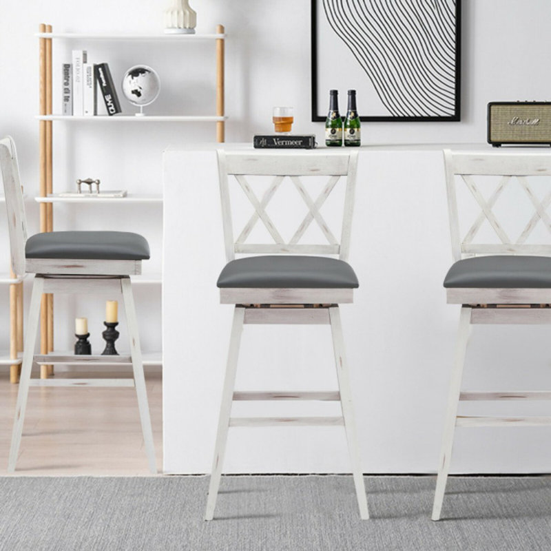 Ensemble de 2 tabourets de bar pivotants à hauteur de comptoir 2 pièces avec pieds en bois d'hévéa, Blanc