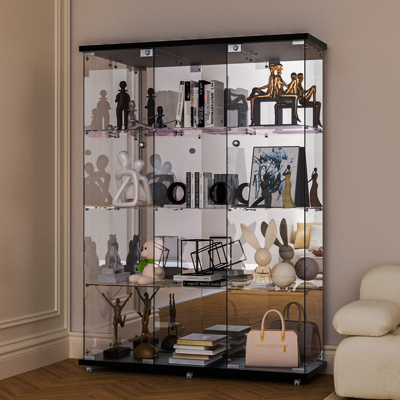 Anneliesse 4-Shelf Glass Display Cabinet with Mirrored Back, 3-Column Tempered Glass Display Case, Black