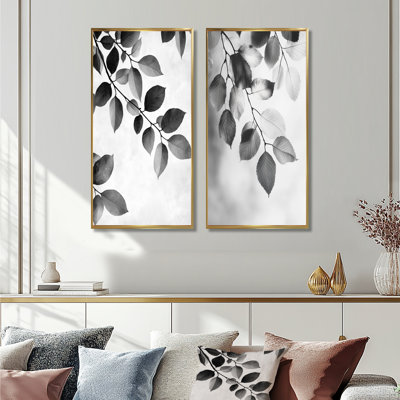 Feuilles noires et blanches, brise douce I - art mural floral 2 panneaux