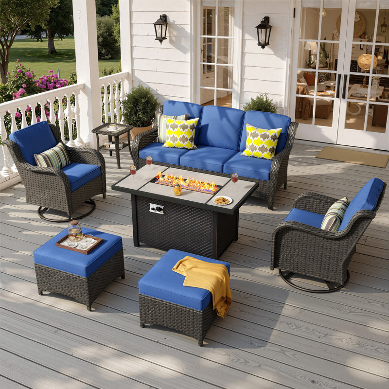 Patio Rattan Sofa Seating Group with Cushions, Brown Frame/Navy Blue Cushion, Yes