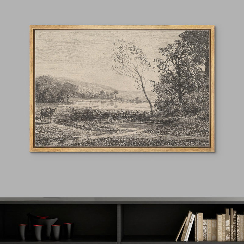 "Paysage pastoral gravant une ferme rustique avec des arbres et des boeufs, un art moderne de campagne de style antique" sur