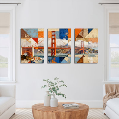 Golden Gate Bridge Geometric Abstract Canvas Wrapped Wall Art (Set of 3)
