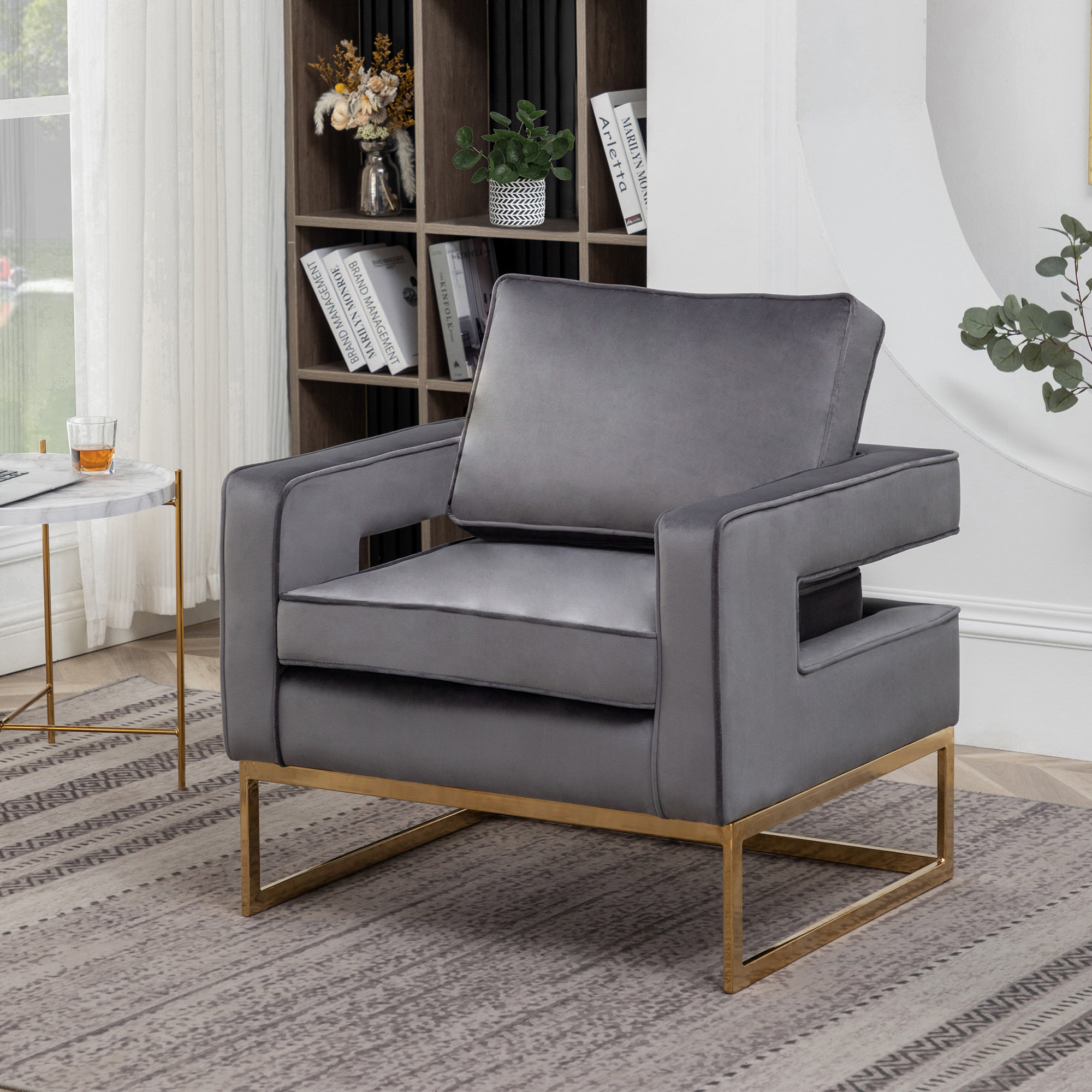 Everly Quinn Studio Modern Luxe and Glam Navy Blue Velvet Fabric Upholstered and Gold Finished Metal Armchair Everly Quinn Fabric: Blue Velvet