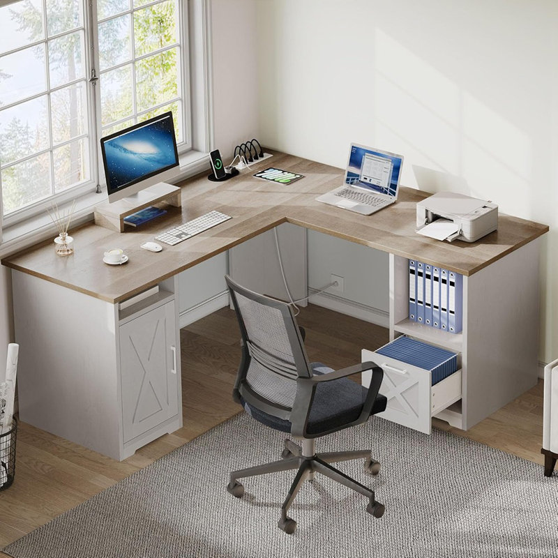 Bureau d'ordinateur de coin avec tiroir classeur, prises de courant, support pour écran et tablettes de rangement, table de bureau à domicile gris délavé
