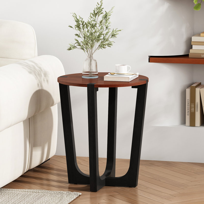 Brown & Black Wood Side Table, 22.20 - Inch Table Head, 26.2 Height, Ideal For Decor Items And Drinks, Indoor Outdoor Utilization, Easy Assembly Task Solid Colour Blend, Round Segment, Tall, Can Hold