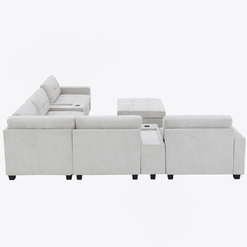 Canapé modulaire avec plateau en acrylique, ensemble de canapé en U en chenille avec consoles, chargeur USB, rangement et repose-pieds mobile pour le salon