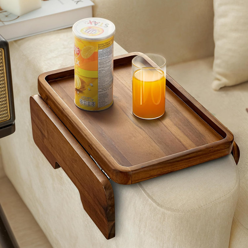 Acacia Wood Sofa Armrest Tray - 13.75 x 9.5in Double Hinge Sofa Arm Tray Table Clip