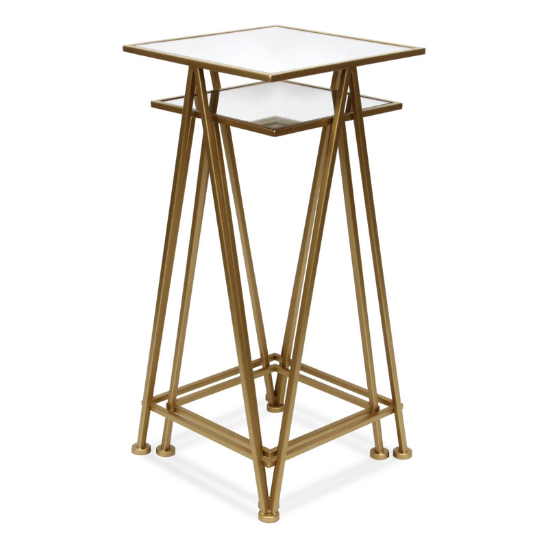 Ensemble de deux tables gigognes à cadre carré en acier et verre miroitant argent et or
