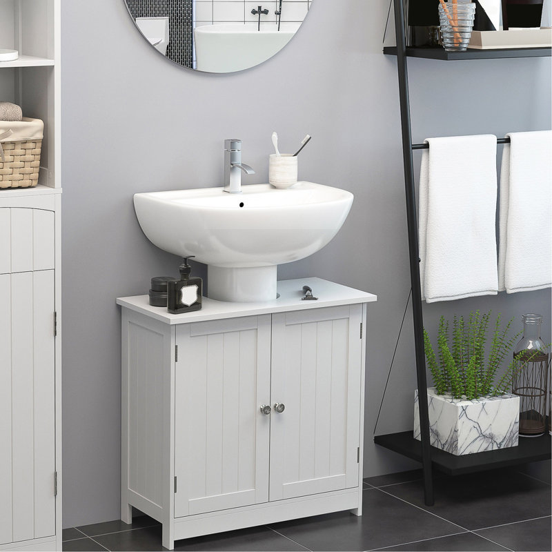 Armoire de salle de bain blanche 24 "pour lavabo sur piédestal | Rangement moderne avec un look chic, peu encombrant - construction 2 tablettes réglables, quincaillerie élégante en acier inoxydable - assemblage de style