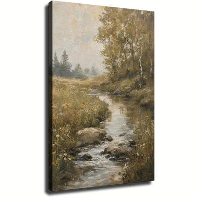 Tableau vintage sur toile représentant un ruisseau de fleurs sauvages sous un bouleau brumeux - Décoration murale neutre de paysage champêtre