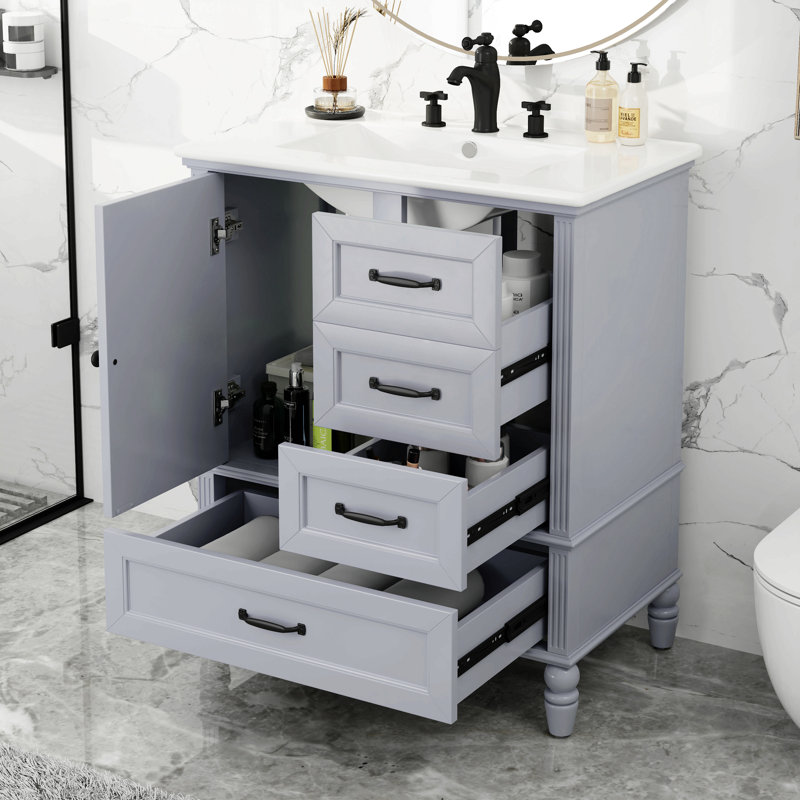 Meuble-lavabo de salle de bain avec lavabo, armoire de salle de bain avec porte et tiroirs, pieds en bois massif et panneau de fibres à densité moyenne, patins réglables, gris