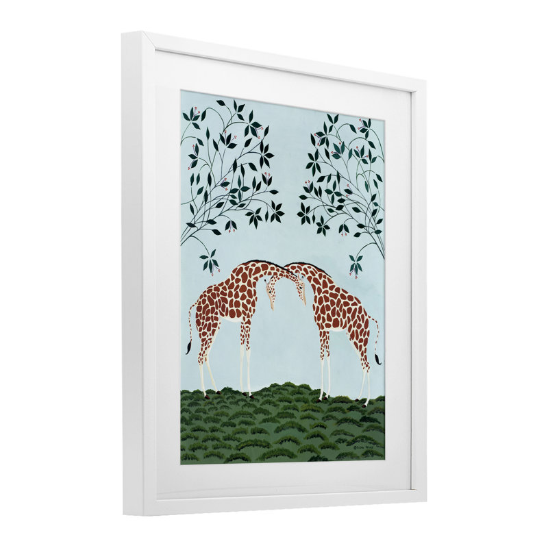 «Friendship», reproduction encadrée sous verre girafes symétriques par Susan Henke, H 16 po x l 13 po, Cadre blanc côtier