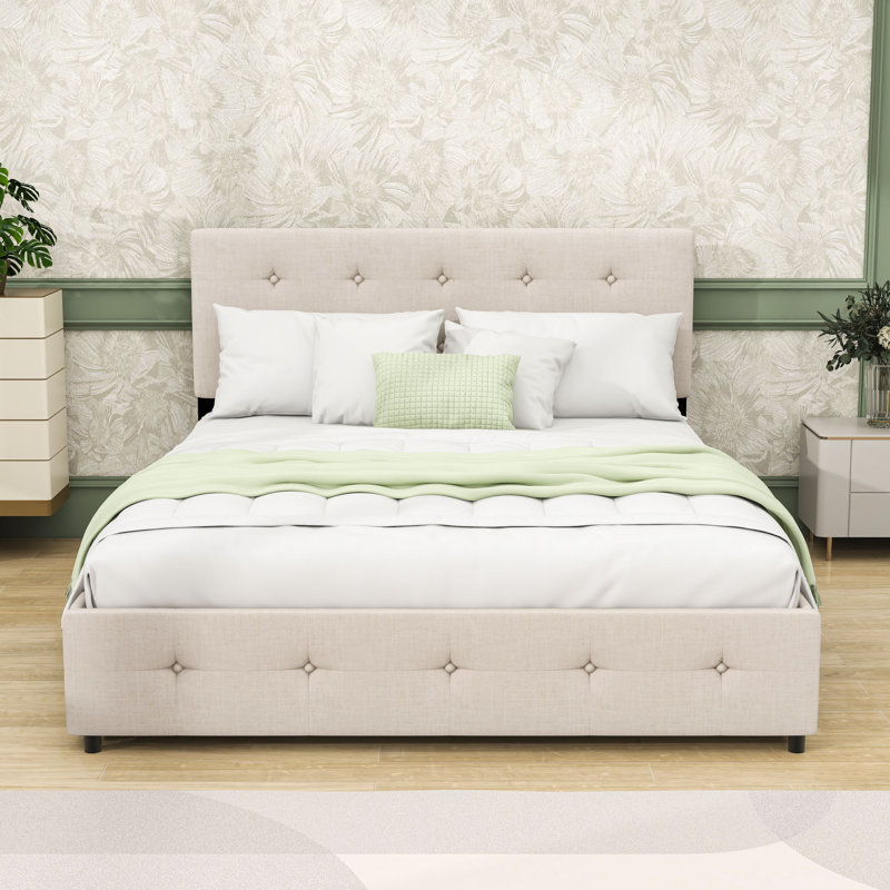 Grand lit plateforme tapissier grand avec tête de lit capitonnée et tiroirs de rangement, Beige