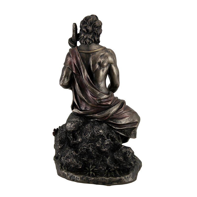 Statue d'Asclépios, dieu grec, en résine coulée, finition bronze et reflets rouges, 25 cm de haut.