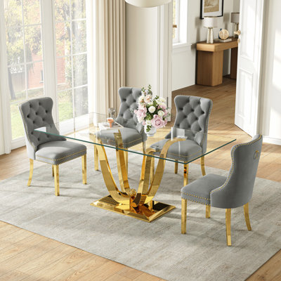 5‑Piece Rectangular Glass Dining Table Set, 0.39" Tempered Glass Top, 4 Velvet Upholstered Dining Chairs, Polished Stainless Steel Base
