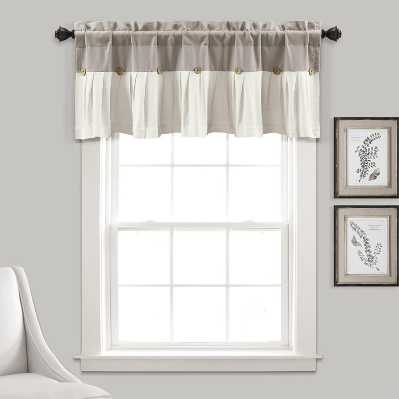 Linen Button Farmhouse Valance, 52" W X 18" L, & - Rustic Kitchen Valance For Windows - Pleated Color Block Design With Coconut Husk Button Detail - Kitchen Curtains Valance