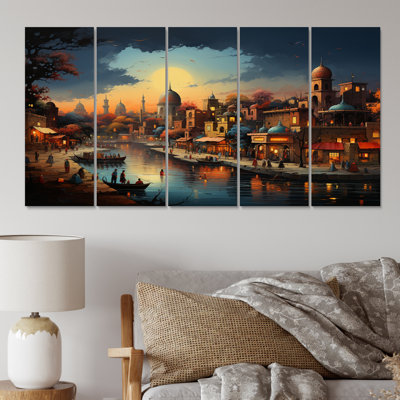 Beige sarcelle, art indien, splendeur indienne - 5 pièces sur toile tendue