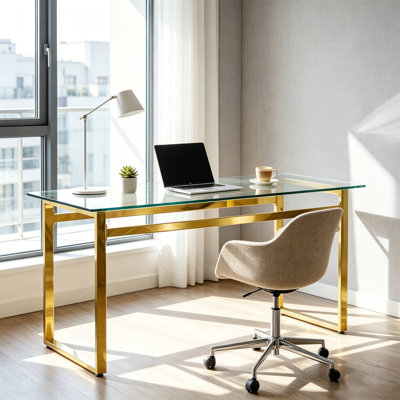 Modern Glass Desk with Chrome Legs, Multi - Functional Workspace for Home Office