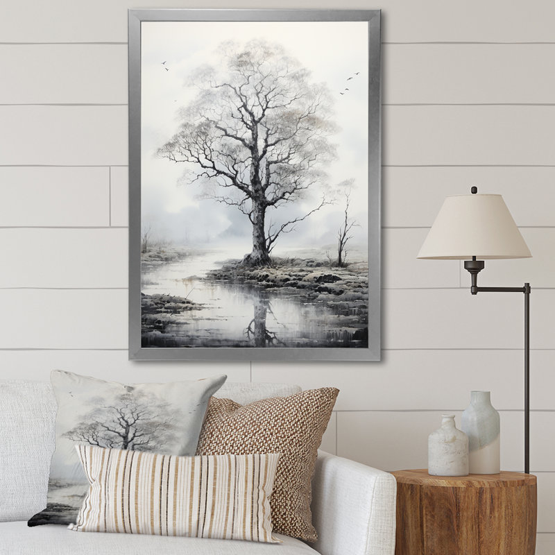 Minimalisme, arbre gris, solitude I, paysage, art mural, salon, H 44 po x l 34 po x P 1,5 po, Cadre photo argenté